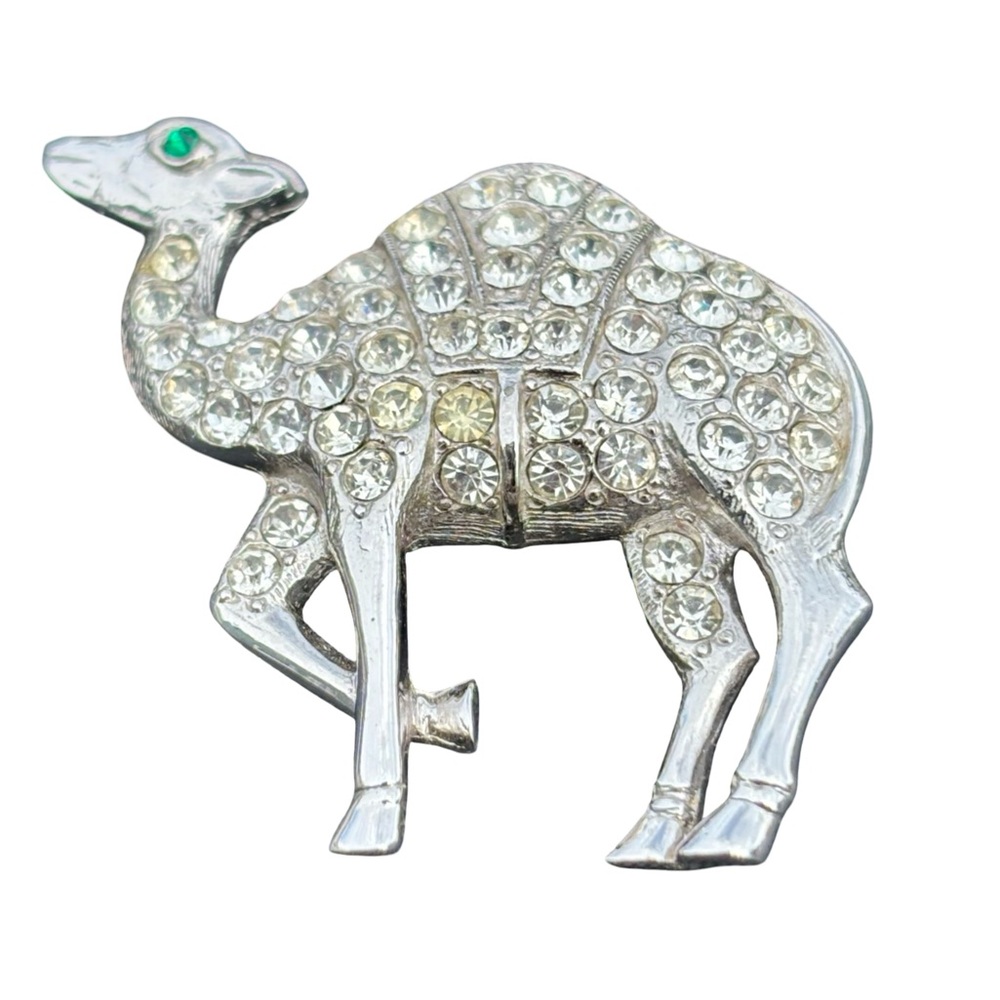 Vintage ORA Rhinestone Camel Brooch Silver Tone Green Eye Figural Pin MCM